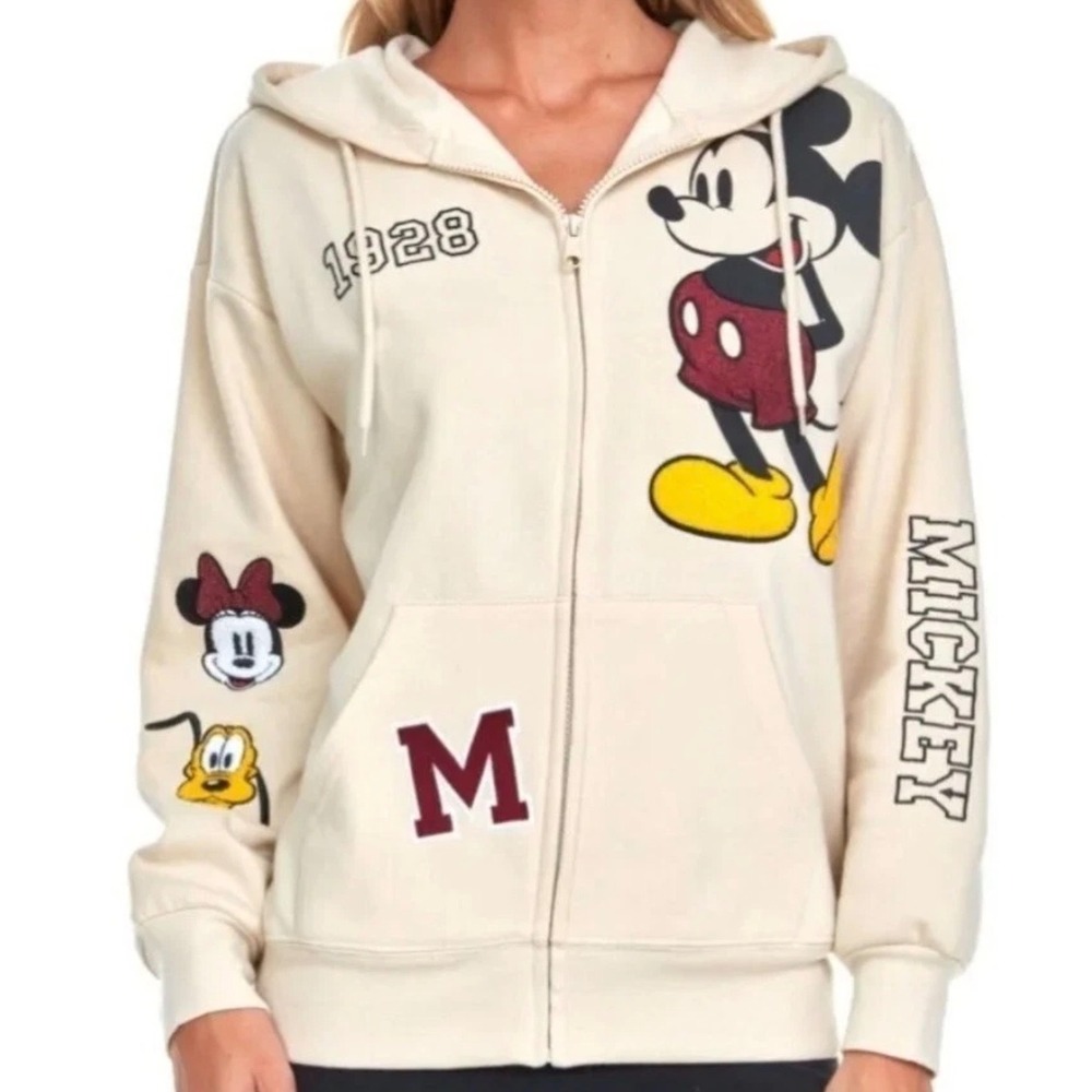 Disney Zip Up Hoodie Womens Large Ivory Mickey Mouse Minnie Pluto‎ Varsity Sweat